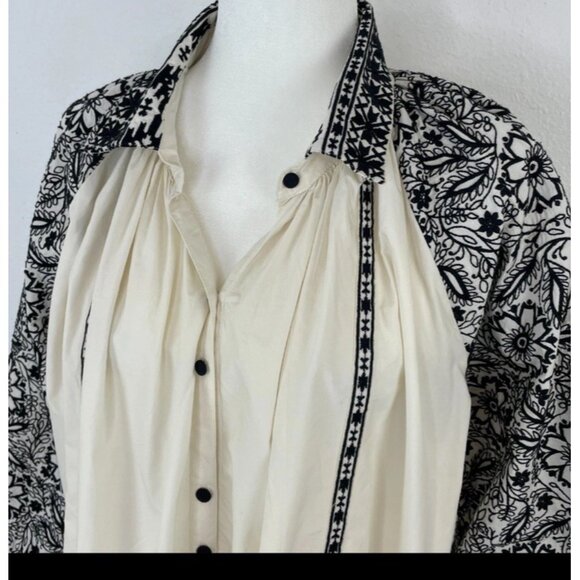 Roller Rabbit Lodi Embroidered Adrianna Cotton Black Floral Ivory Blouse Balloon - Picture 3 of 9